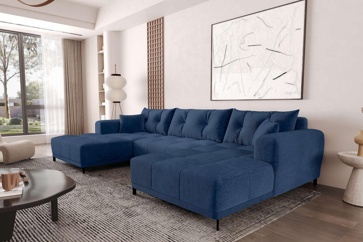 WOHNLANDSCHAFT Massimo Cordstoff Blau inkl. Schlaffunktion - Blau/Schwarz, Textil/Metall (356/94/181cm) - 99rooms