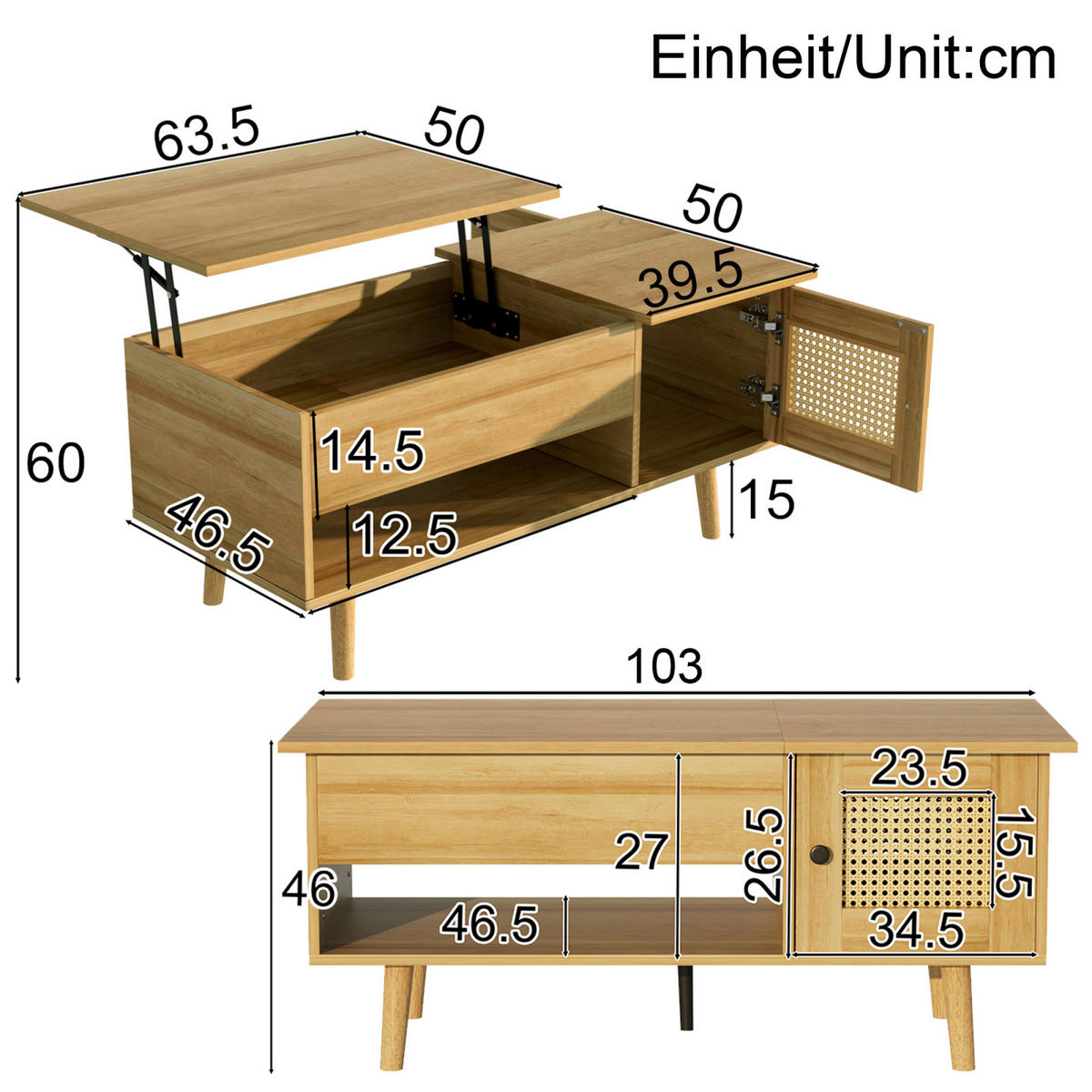 COUCHTISCH Holzoptik mit Hubplatte und verstecktem Stauraum - Cognac, Metall (103/50/46cm)