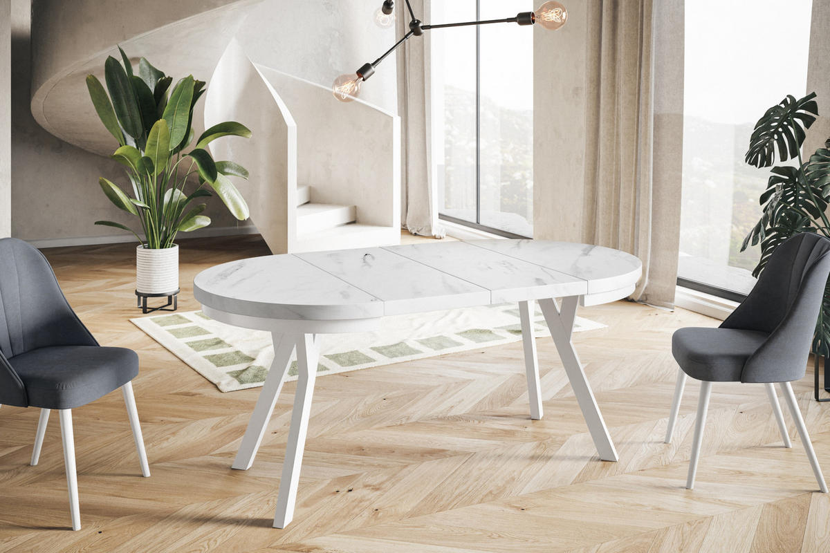 ESSZIMMERTISCH EVO, ausziehbarer Tisch 120 cm bis 220 cm, Farbe: MARMUR, mit Holzbeinen in Farbe Weiß - Hellgrau/Weiß, Holzwerkstoff (120/120/77cm) - Alpi-Möbel