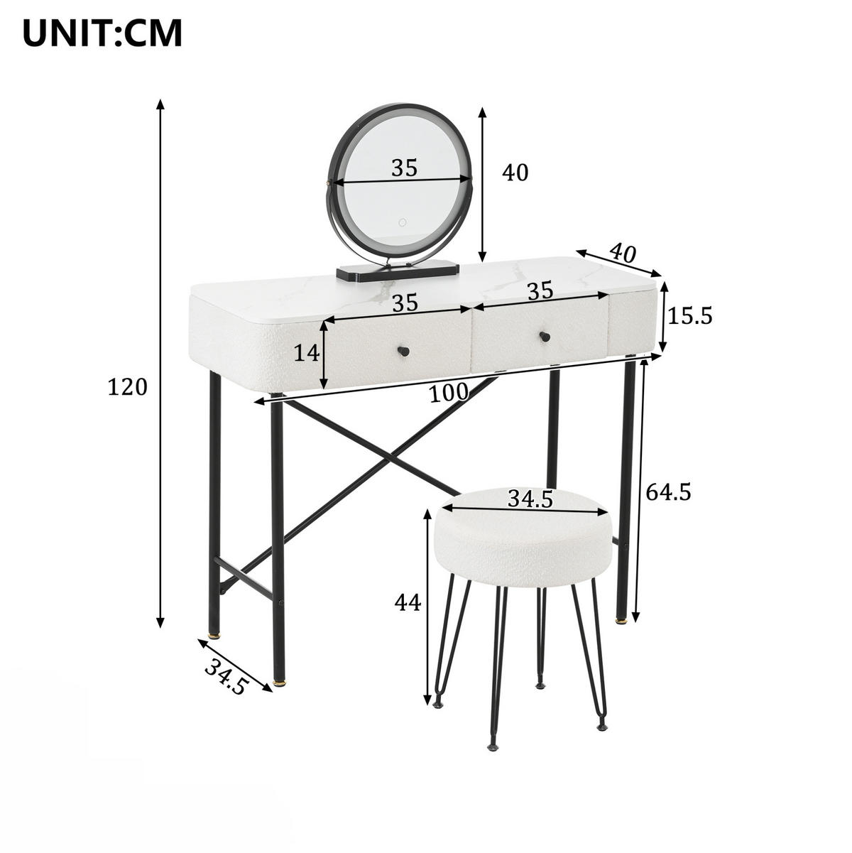 SCHMINKTISCH 100/40/120 cm weiß aus Spanplatte mit LED-Spiegel - Weiß, Holzwerkstoff (40/120/100cm) - OKWISH
