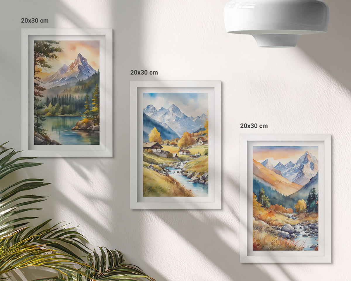 BILDER SET 3er Set - 20x30 cm Weißer Rahmen - Berglandschaft mit einem Fluss - Weiß, Kunststoff (20/30cm) - TULUP