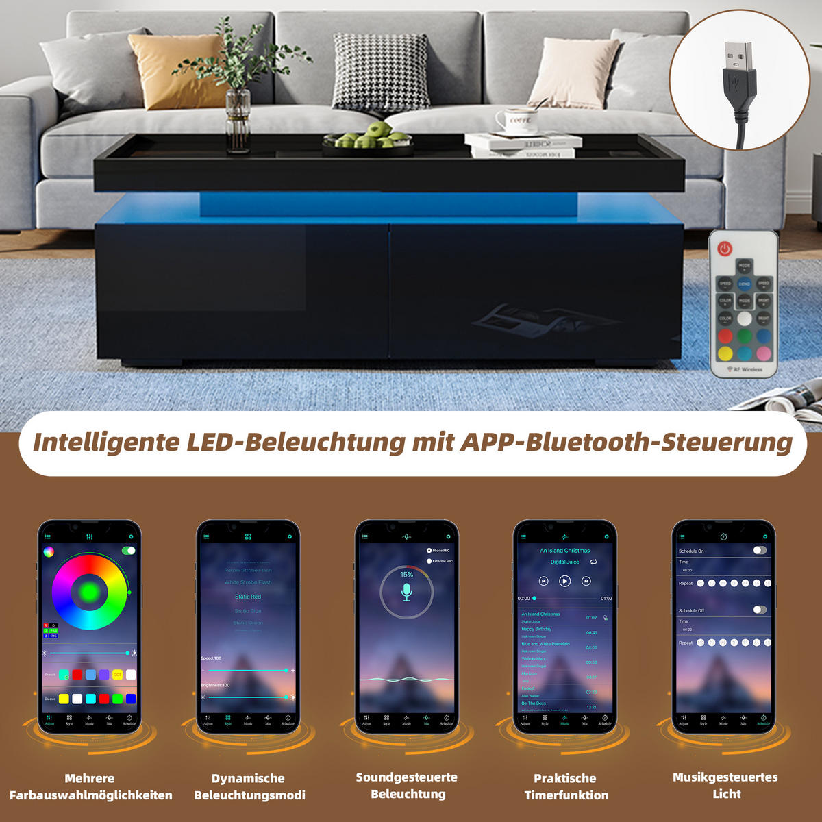 COUCHTISCH 95/45/35 cm schwarz aus Spanplatte mit LED und 2 Schubladen - Schwarz, Holzwerkstoff (95/45/35cm) - OKWISH