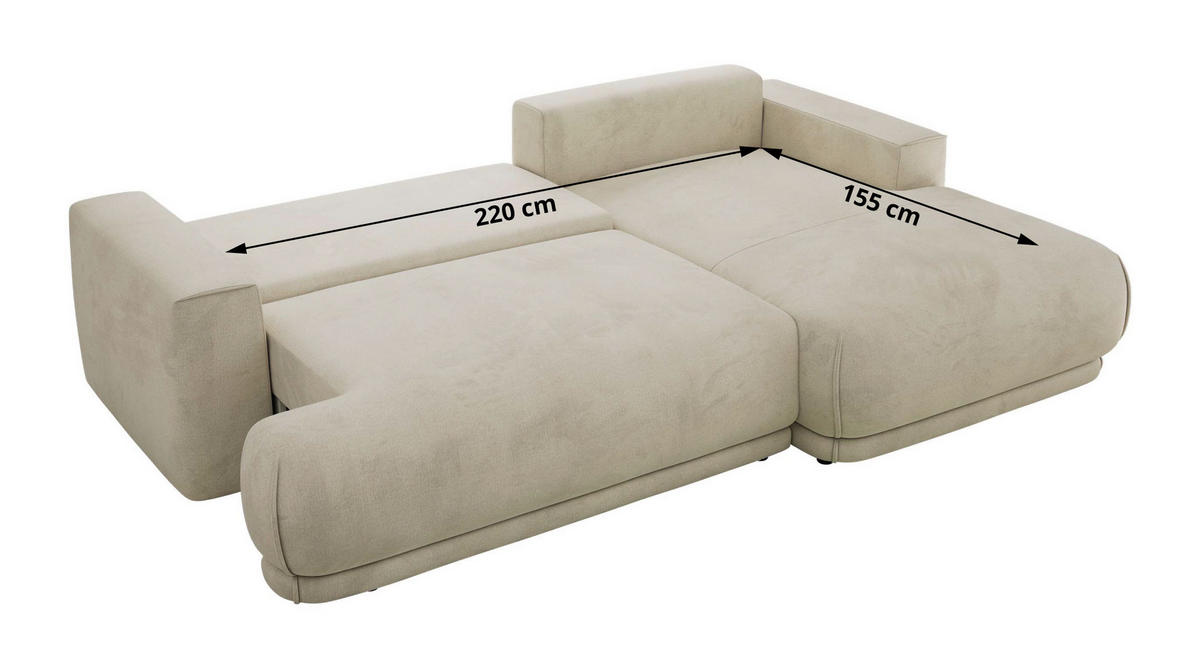 ECKSCHLAFSOFA RINA L Beige Velvet - links - Beige/Schwarz, Kunststoff/Textil (267/170cm) - MKS