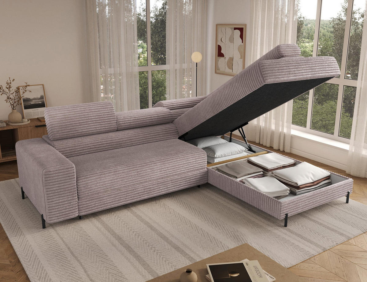 ECKSOFA COLESIO L-Form, Schlaffunktion, Bettkasten, verstellbare Kopfstützen, Wellenfederung, Metallfüße, breiter Cordstoff - Schwarz/Grau, Kunststoff/Metall (204/269cm) - Wohnideebilder