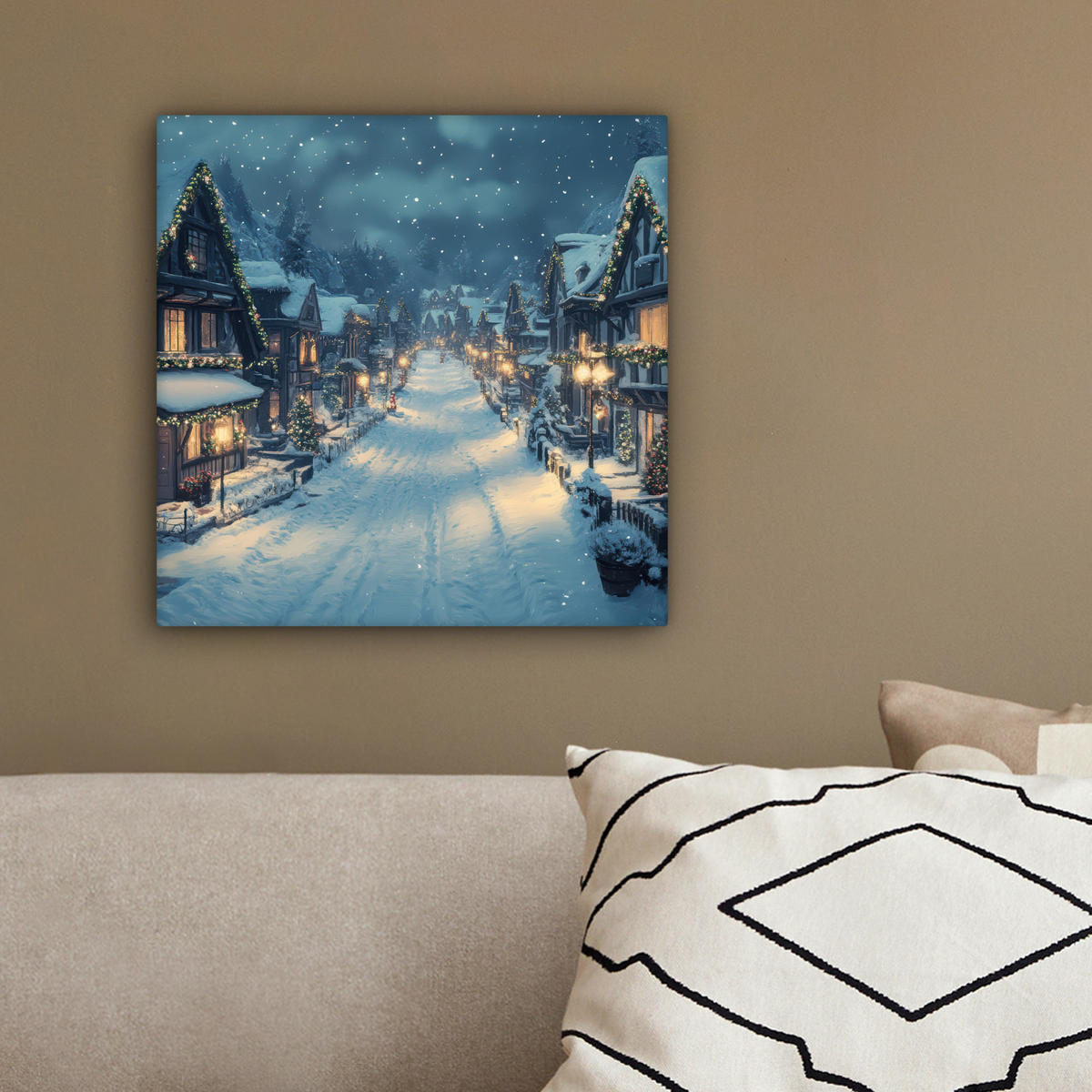 LEINWANDBILD Weihnachtsdorf - Weihnachten - Schnee - Winter 20x20 cm - Dunkelblau, Textil (20/20cm) - MuchoWow