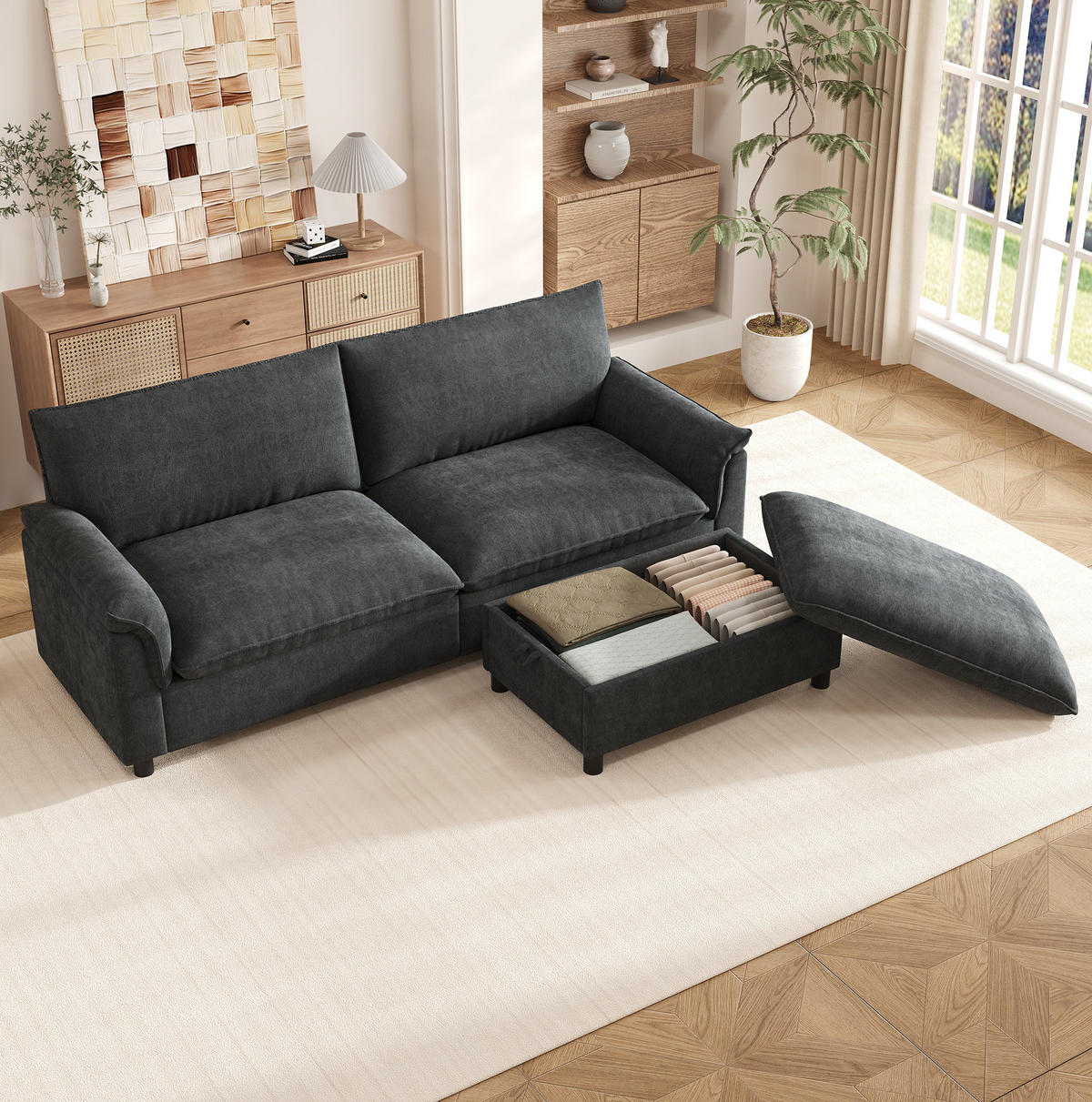 SOFA mit Hocker und Stauraum B 216 x T 77 x H 82 cm Chenille Black - Schwarz, Holzwerkstoff (77/216cm) - Meubliv