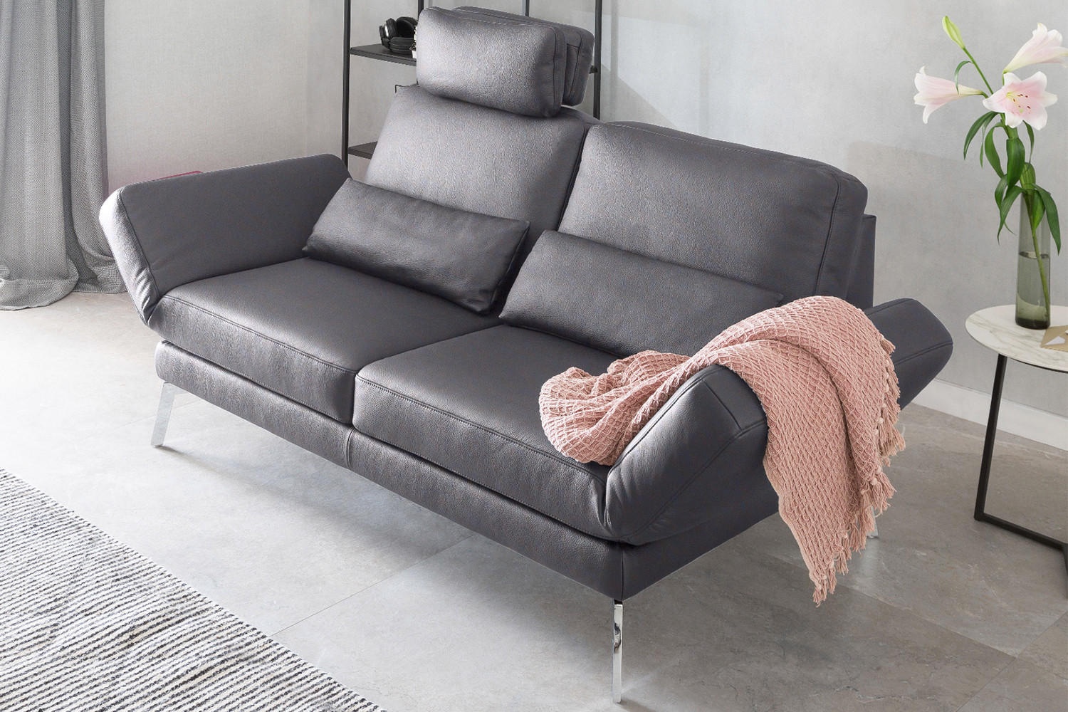 LEDERSOFA HURRICANE Grau Leder - Silberfarben/Grau, Leder (170/87/141cm) - KAWOLA