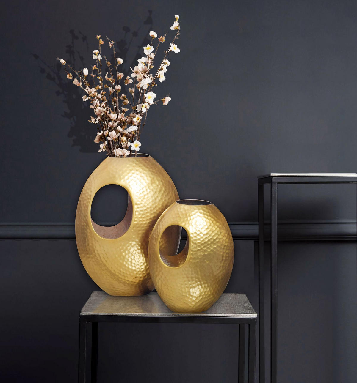 VASE 2er Set Aluminium mit Tragegriff Hammerschlag Modern Handgefertigt, Gold 29x17x39 cm - Goldfarben, Metall (39cm) - KADIMA DESIGN