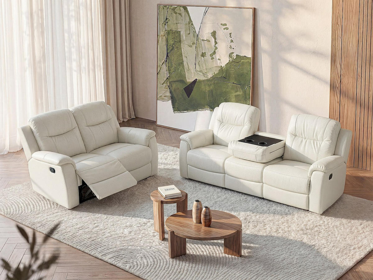 COUCHGARNITUR - 5 Personen - leder - elfenbeinfarben Evasion - Weiß, Leder (205/100/96cm) - Vente-Unique