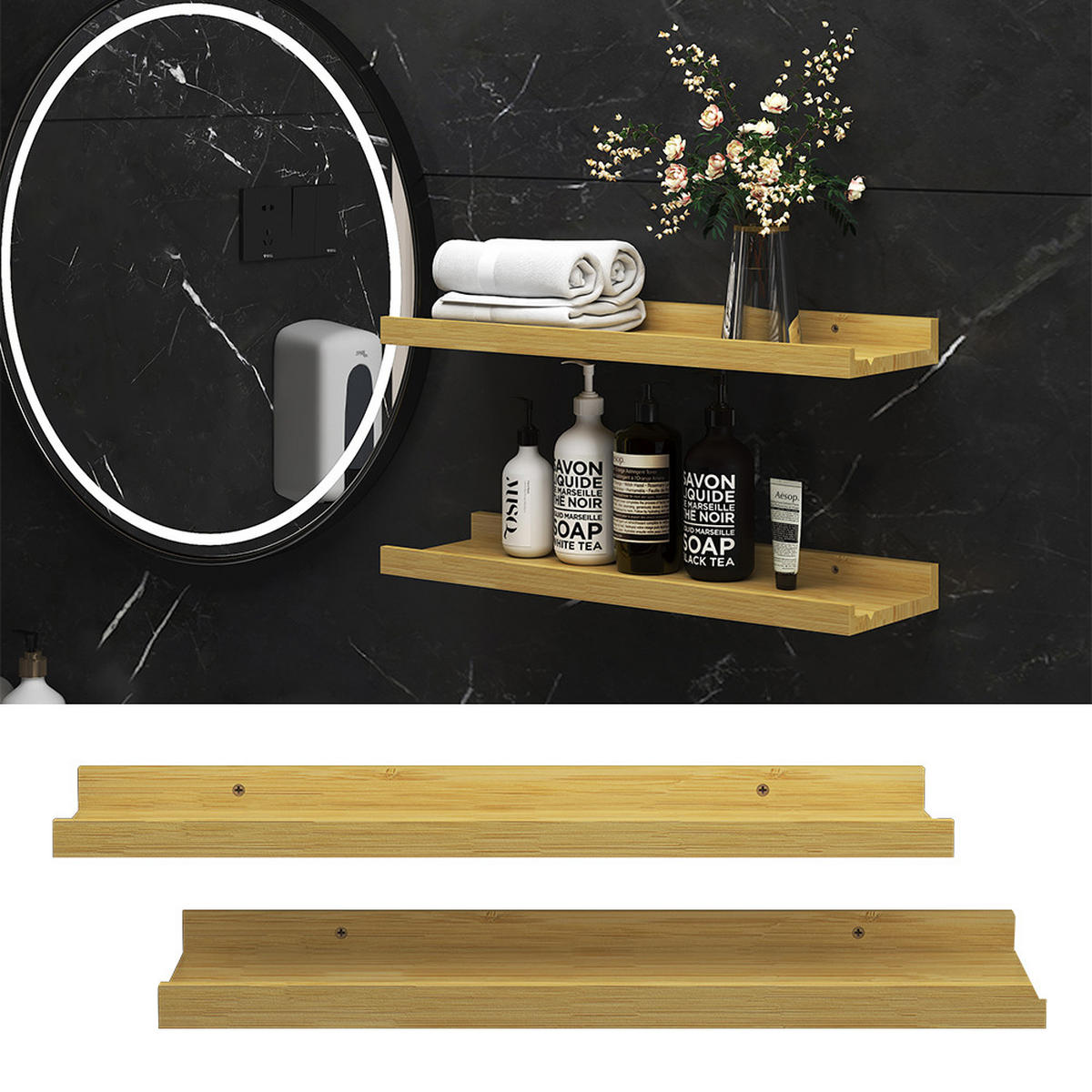 WANDREGAL Linus Naturholz 50 x 4 cm 2er Set - Eichefarben, Holzwerkstoff (50/4/15cm) - Vicco