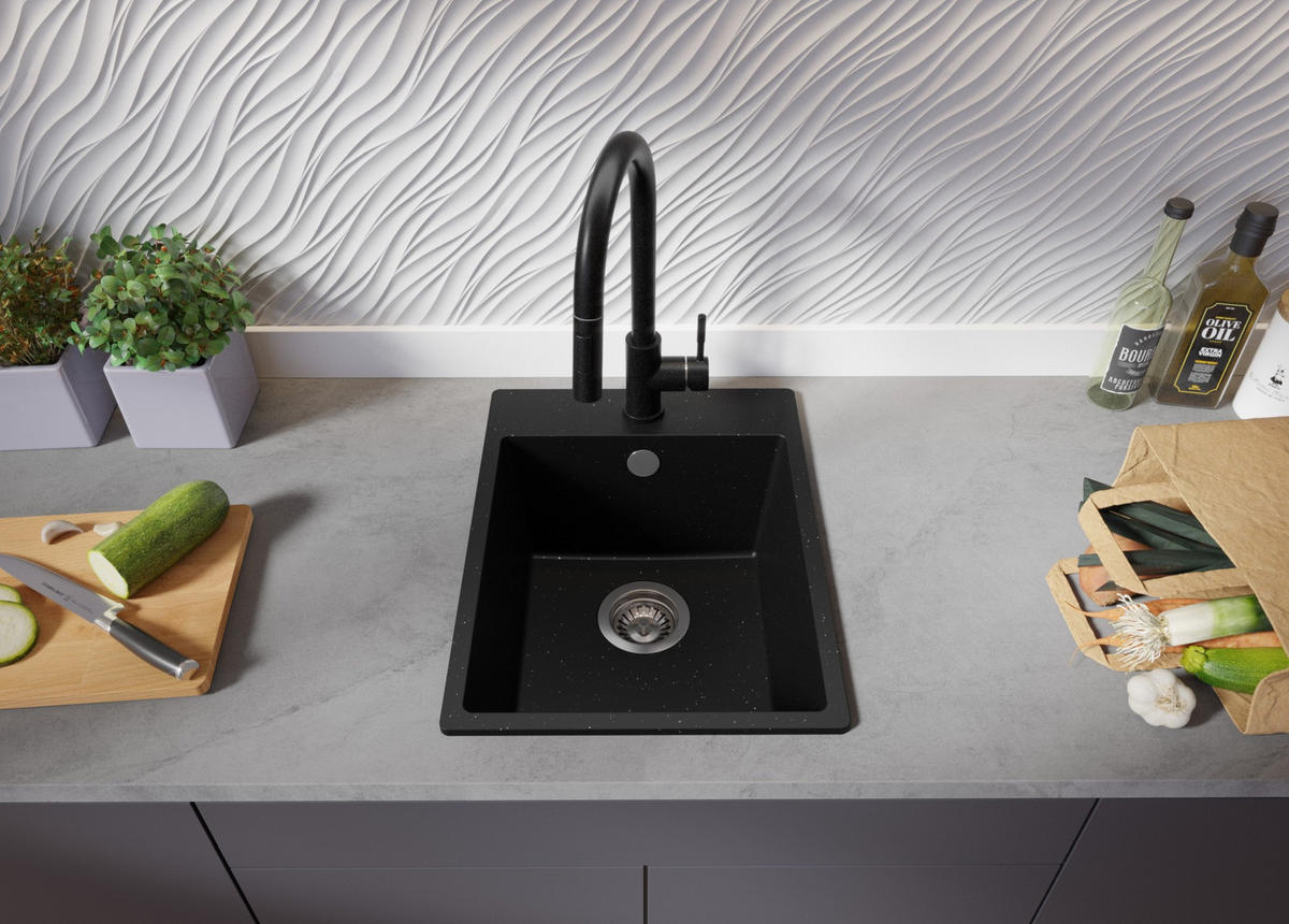 SPÜLBECKEN Riga, 2-er set Schwarz Metallic 38/50 cm 1 Becken + Ablauf-Set ab 40er Unterschrank - Chromfarben/Schwarz Hochglanz, Kunststoff (38/20/50cm) - Primagran