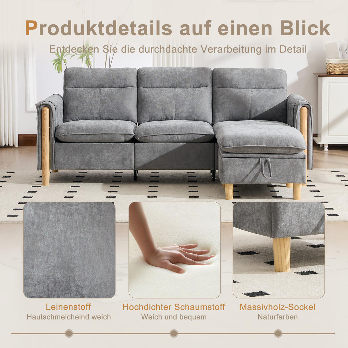 ECKSOFA DE-33940 mit Stauraumhocker und Seitentaschen Grau - Hellgrau, Holz (77/201cm) - ComfortXL