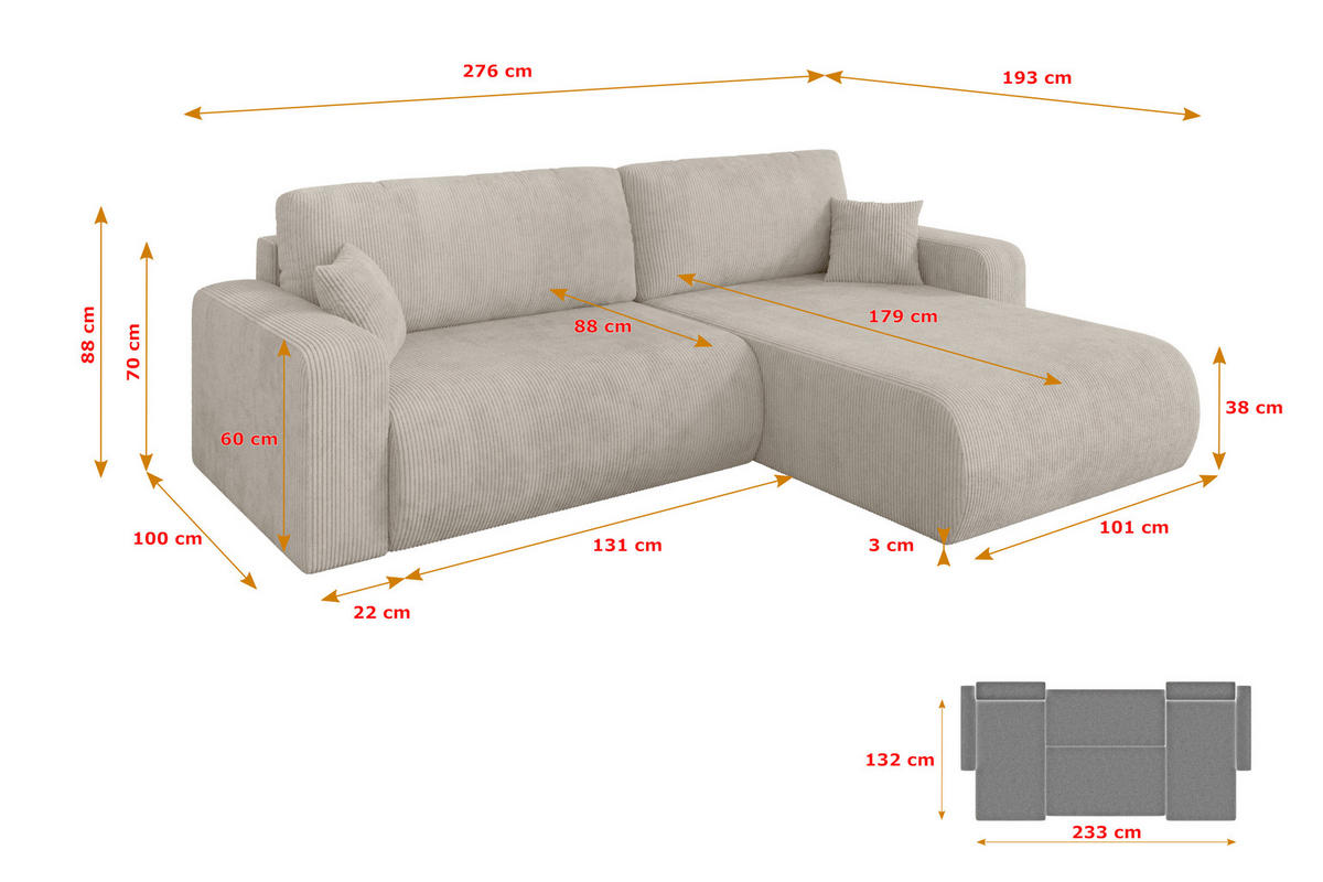 ROHOVÁ SEDAČKA s funkcí spaní, otoman vpravo BERY-L 276x193x88 krémová manšestr - černá/krémová, kompozitní dřevo/textil (276/193cm) - ALTDECOR