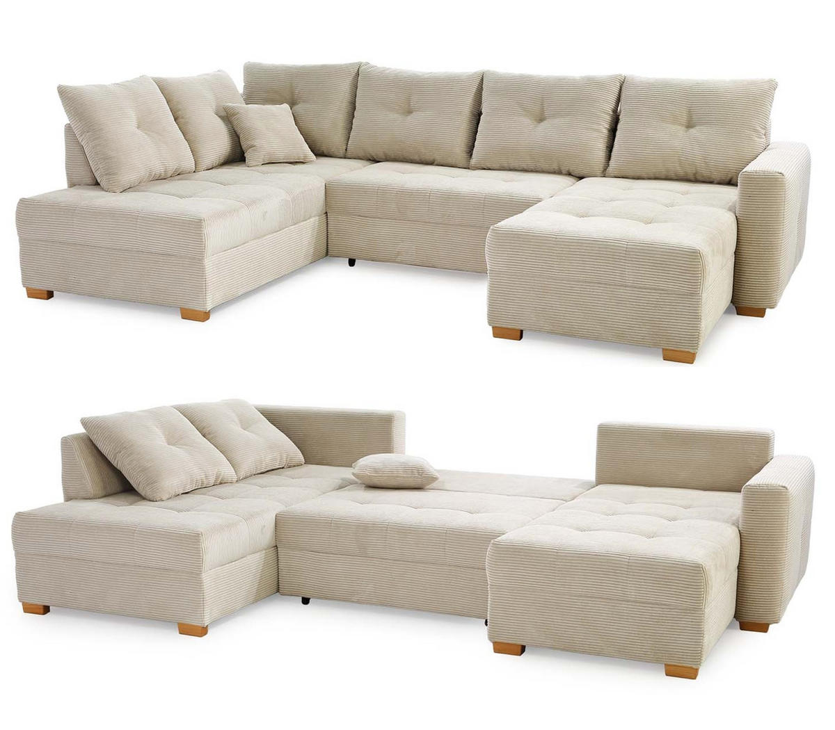 WOHNLANDSCHAFT mit Schlaffunktion und Bettkasten, spiegelverkehrt montierbar U-Form B313/T200/H92 cm, Cord Beige Grau / 15218 - Greige/Eichefarben, Holz/Textil (313/92/200cm) - luma-home