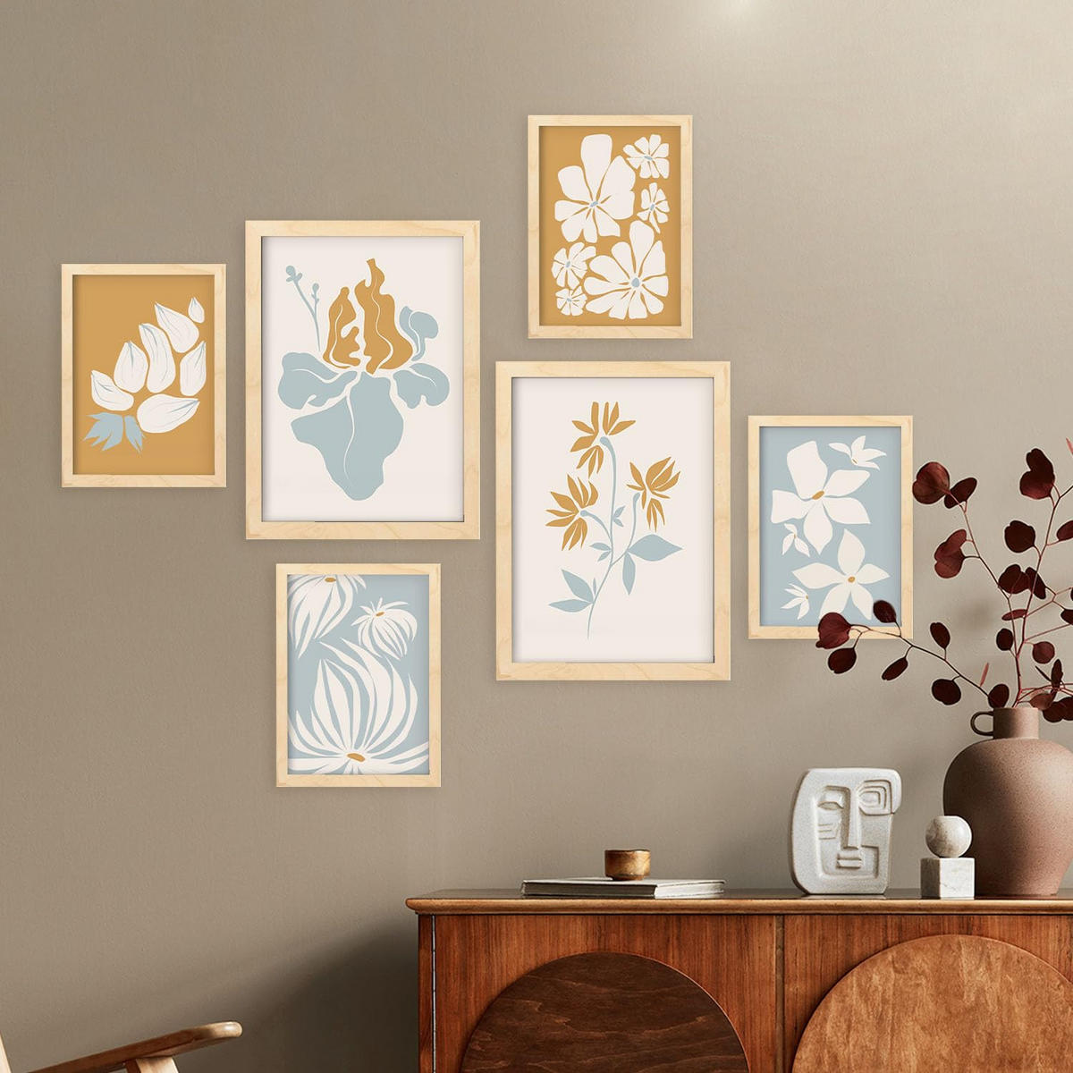 POSTER Set Mit 6 Blumenrahmen 1 In Blume Zusammenfassung Ästhetische Dekorative Gemälde Für Ihr Wohnzimmer Zuhause A3 & A4 Rahmen Aus Hellem Holz - Beige, Papier (29/3cm) - Nacnic