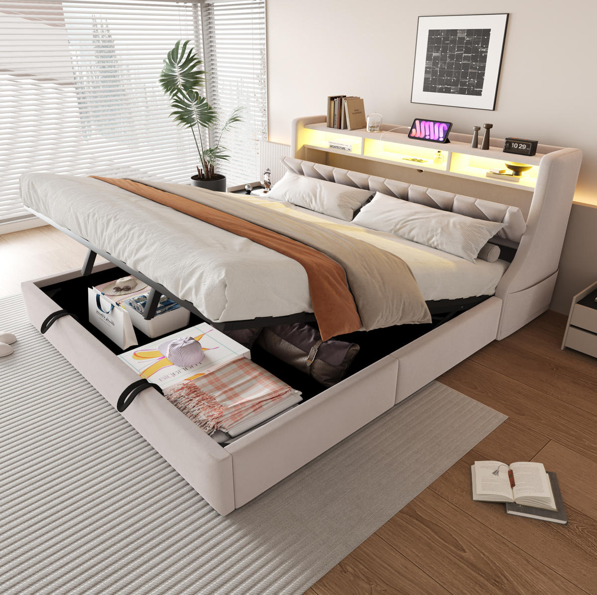 POLSTERBETT 180/200 cm aus Samt mit Stauraum LED und klappbarem Kopfteil Beige - Beige, Textil (180/200cm) - Modenvie