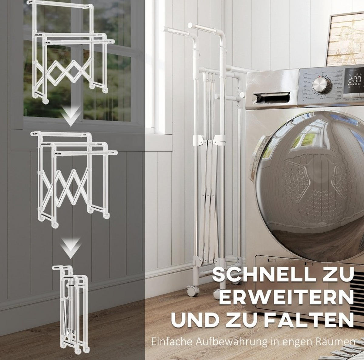 WÄSCHESTÄNDER faltbar mit 3 ausziehbaren Stangen Edelstahl Silver - Silberfarben, Metall (103/197/150cm) - Beauniv