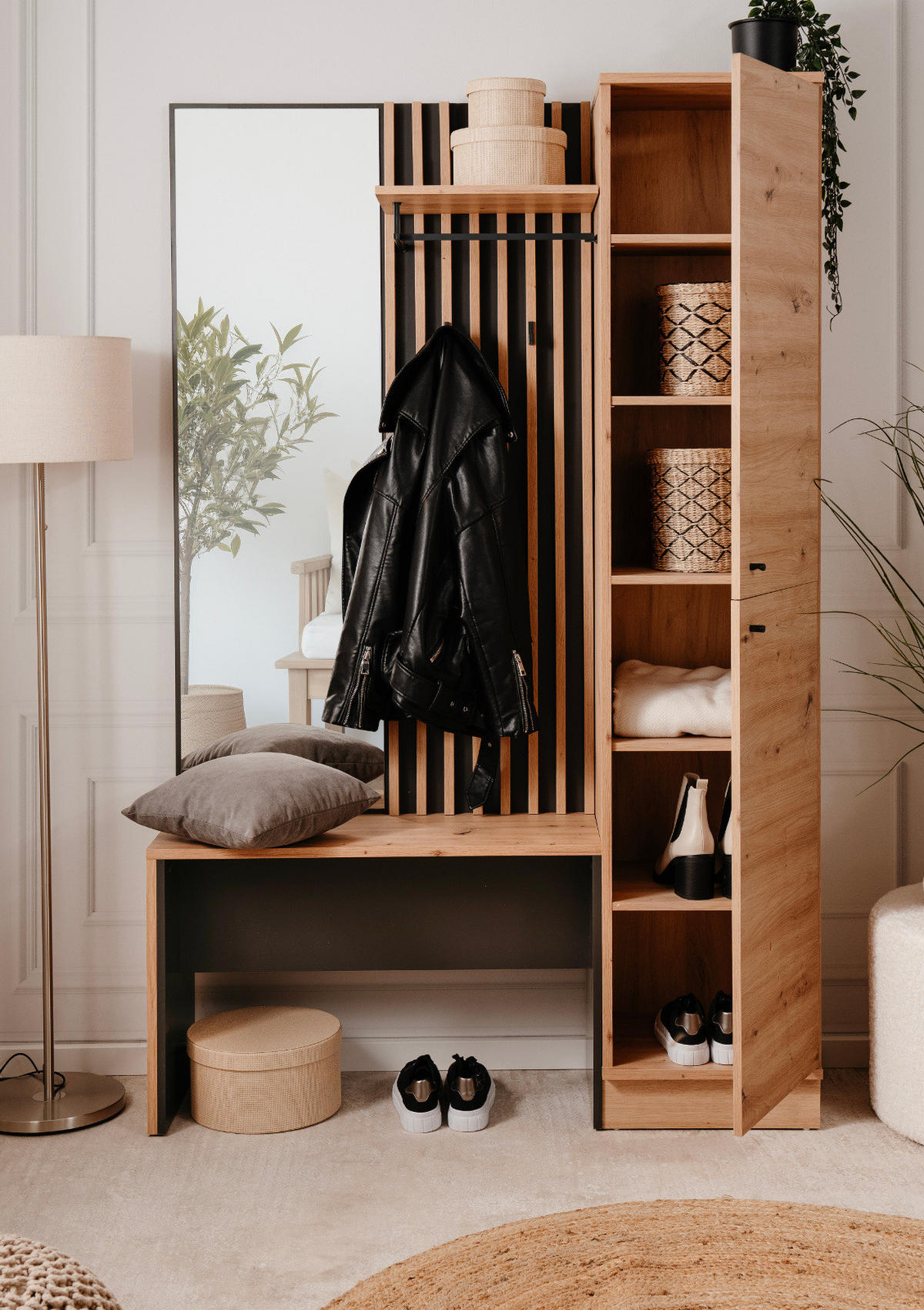 GARDEROBE Eiche Artisan, grau 122 cm, Kompaktgarderobe mit Spiegel - Anthrazit/Schwarz, Holzwerkstoff/Kunststoff (122/190/37cm) - Furn.Design