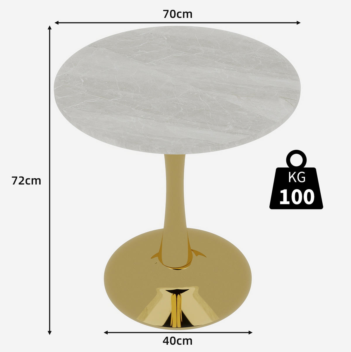 KLUBSKA miza iz umetnega marmorja, premer 70 cm bela/zlata - zlate barve, kamen (70/70/72cm) - BEAOK