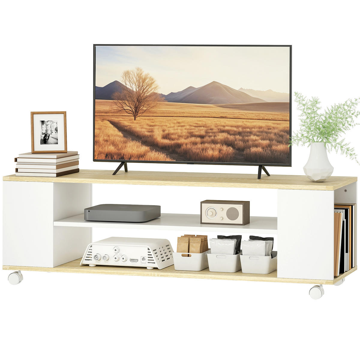 TV-LOWBOARD Weiß/Natur 120/40/38,5 cm, mit Rollen, Wandmontage möglich - Weiß, Holzwerkstoff (120/38.5/40cm) - PANGIVO