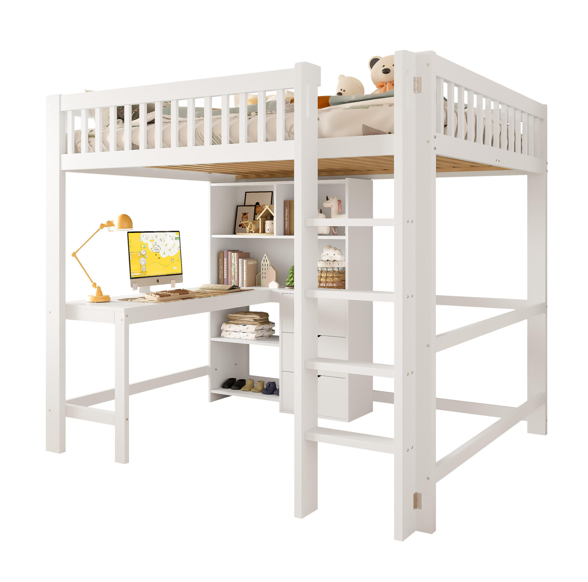 HOCHBETT 140/200 cm in Weiß mit Schreibtisch, Stauraum und Rausfallschutz - Weiß, Holz (140/200cm) - BEAOK