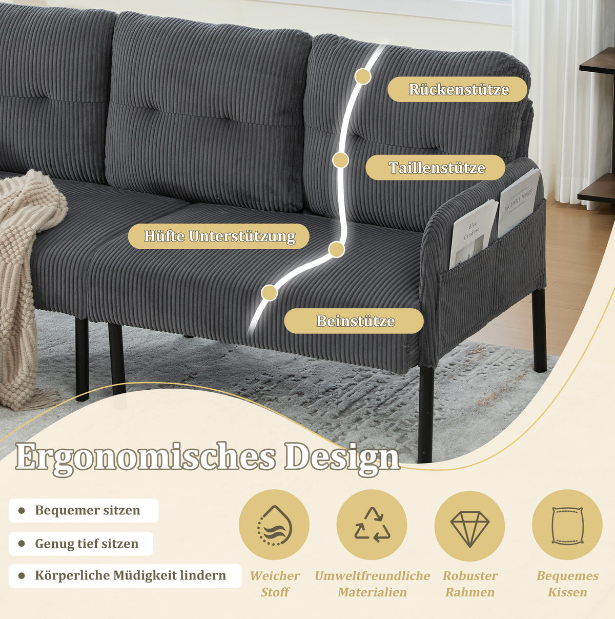 SOFA Dreisitzer mit Seitentasche 171 x 72 x 80 cm Cord Gray - Grau, Textil (171/80/72cm) - IVMEU
