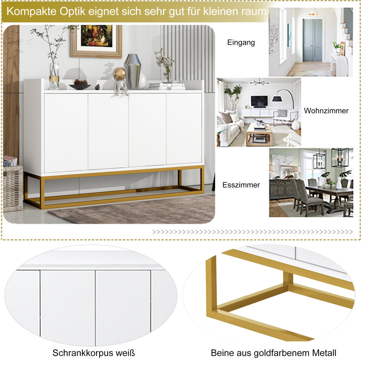 SIDEBOARD aus Spanplatte 120x30x80 cm Weiß mit 4 Türen, verstellbaren Einlegeböden und Push-to-open - Weiß, Holzwerkstoff (120/80/30cm) - Modfu