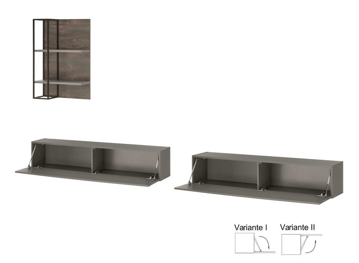 WOHNWAND Thermo Eiche, grau, Wohnkombination 3-teilig 304 x 170 cm - Eichefarben/Grau, Holzwerkstoff (304/170/30cm) - Furn.Design