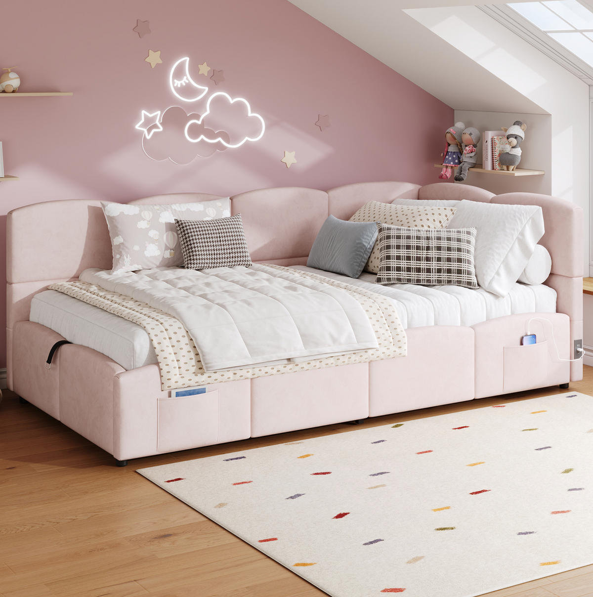 POLSTERBETT 90/200 cm rosa aus Samt mit Stauraum und USB - Rosa, Holzwerkstoff (90/200cm) - OKWISH