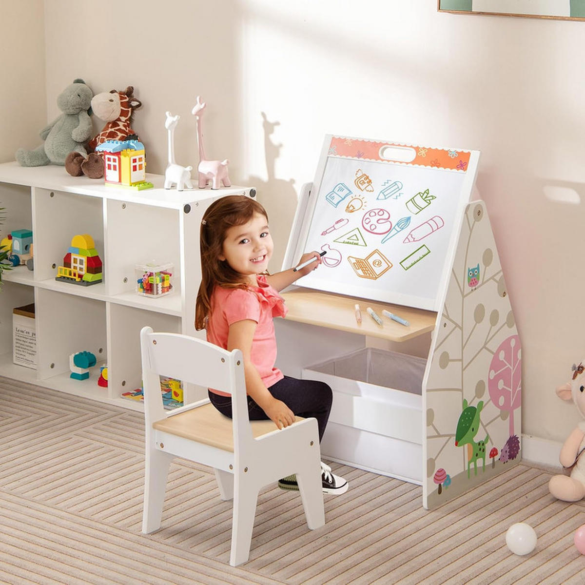 KINDERSITZ-SET mit magnetischer Whiteboard-Tafel weiß(2-tlg) - Weiß, Holzwerkstoff (50/85/50cm) - COSTWAY