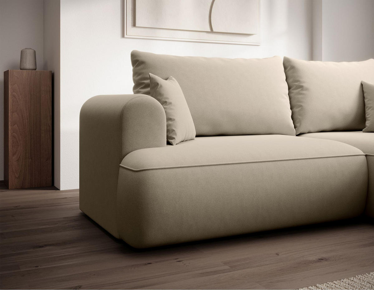 ECKSCHLAFSOFA Ovo Mini Hellbeige Easy-Clean-Samtbezug - Ecru/Schwarz, Kunststoff/Textil (238/156cm) - Selsey