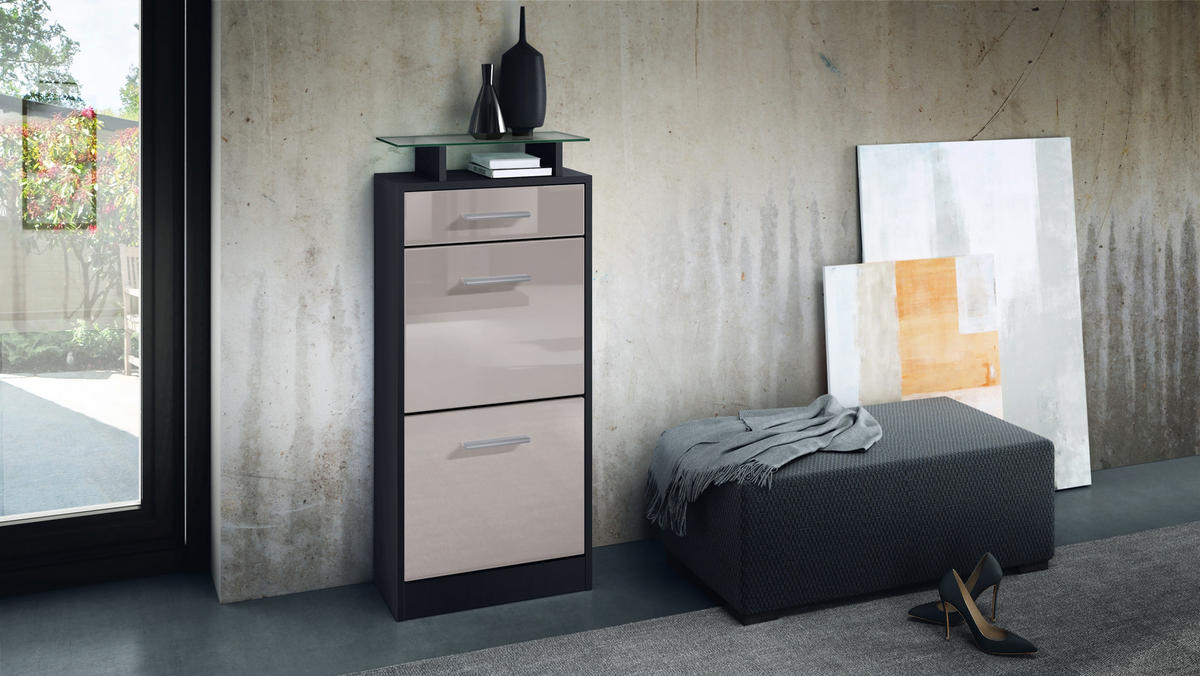 SCHUHSCHRANK Loret Front in Sandgrau Hochglanz - Sandfarben, Holzwerkstoff (46/104/23cm) - Vladon