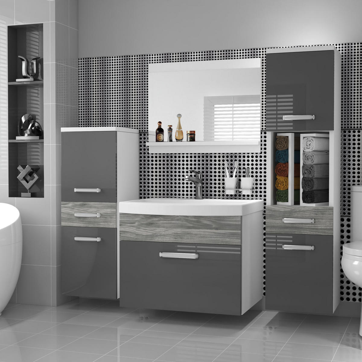 BADMÖBEL Badezimmer SET PRI PM5, Grau Glamour Hochglanz, 120 cm - Grau, Holz (38.7/113.5/120cm) - B BELINI GROUP