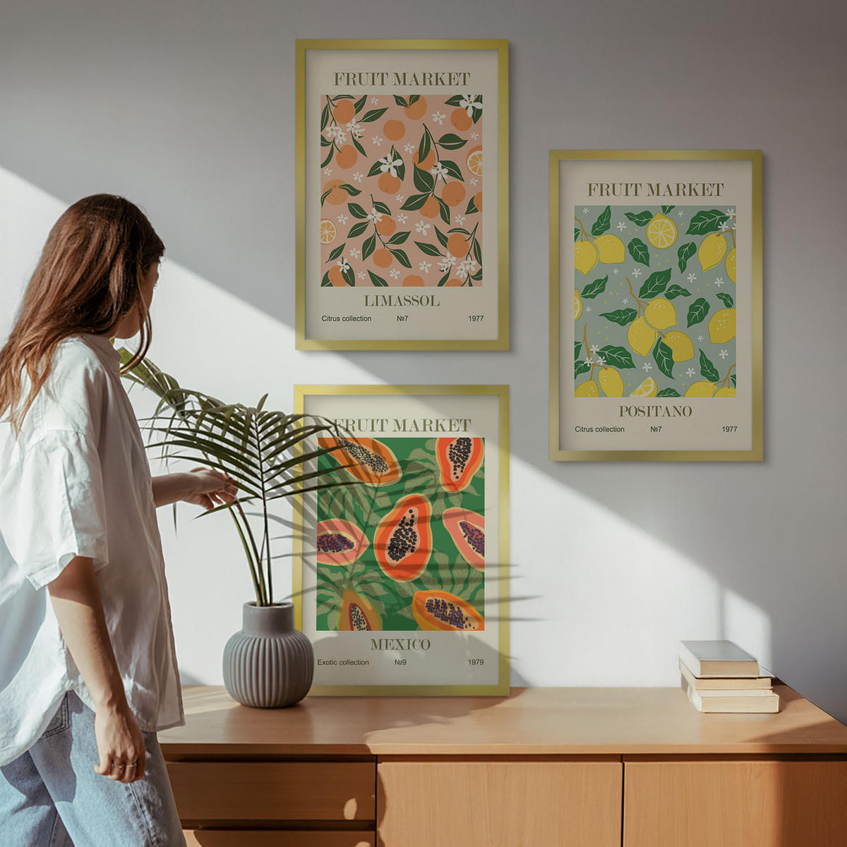BILDER SET 3er Set - 40x60 cm Goldrahmen - Zitrusfrüchte, tropischer Retro-Stil - Goldfarben, Kunststoff (40/60cm) - TULUP
