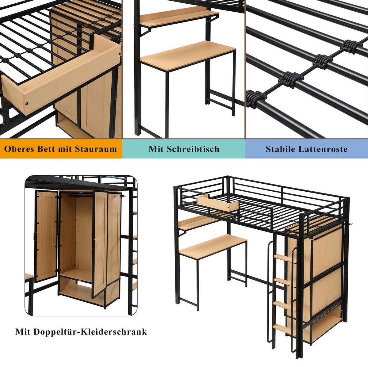 HOCHBETT 90/200 cm mit Kleiderschrank, Schreibtisch und Regal in Schwarz/Natur - Schwarz, Metall (90/200cm) - Flora Grace