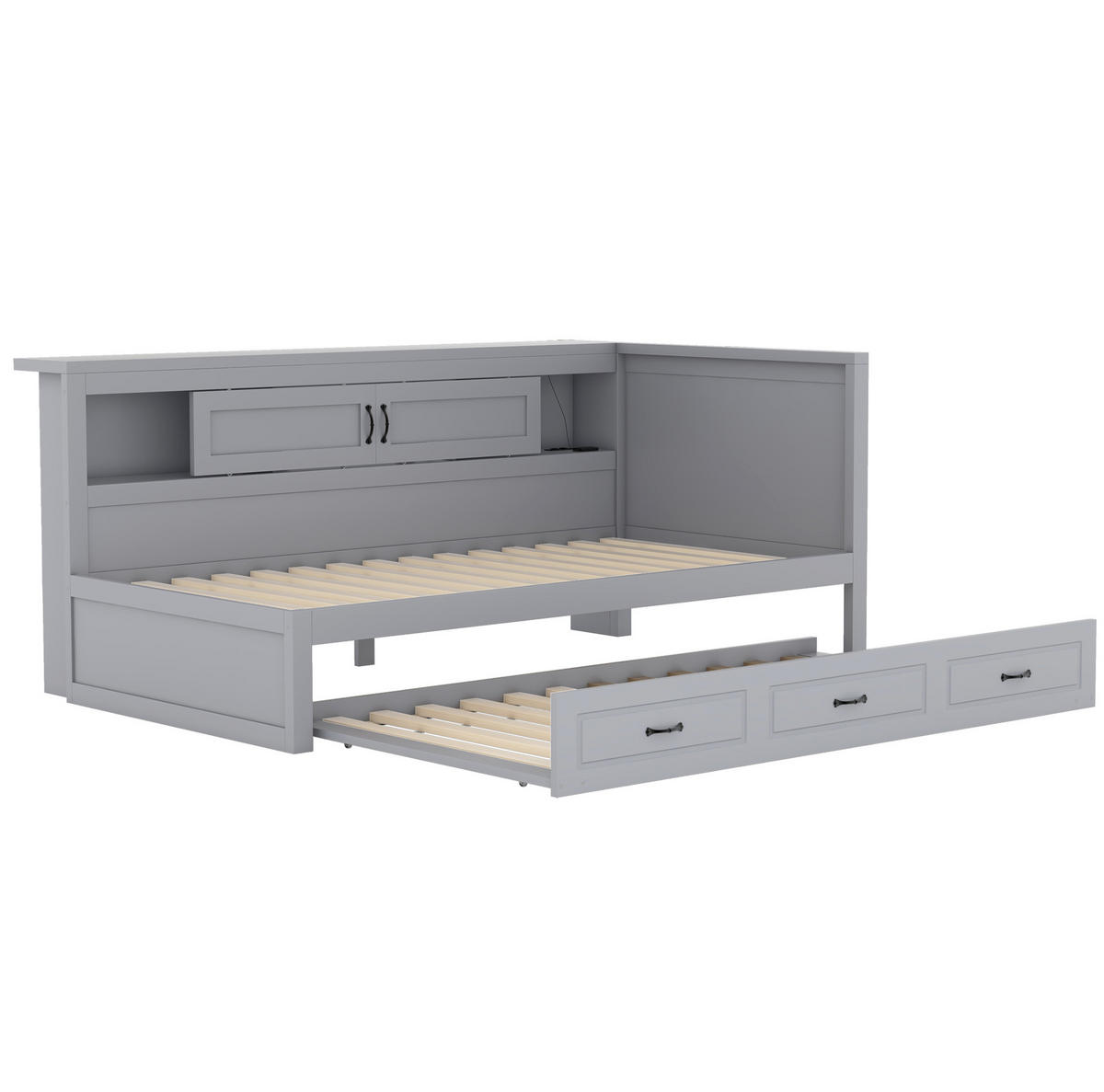 TAGESBETT 90/200 cm mit LED-Beleuchtung, Ausziehbett, USB und Stauraum aus Spanplatte und MDF, Grau - Grau, Holzwerkstoff (90/200cm) - Redom