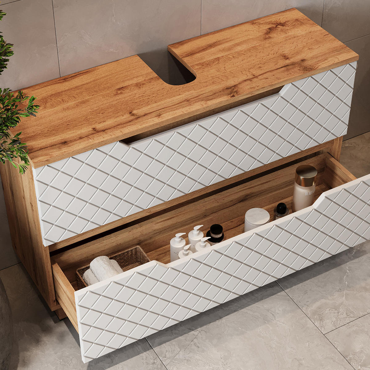 WASCHBECKENUNTERSCHRANK Lotta Eiche/Weiß mit Kachelstruktur 99.4 x 62.5 cm mit 2 Schubladen - Eichefarben/Weiß, Holzwerkstoff (99.4/62.5/32cm) - Vicco