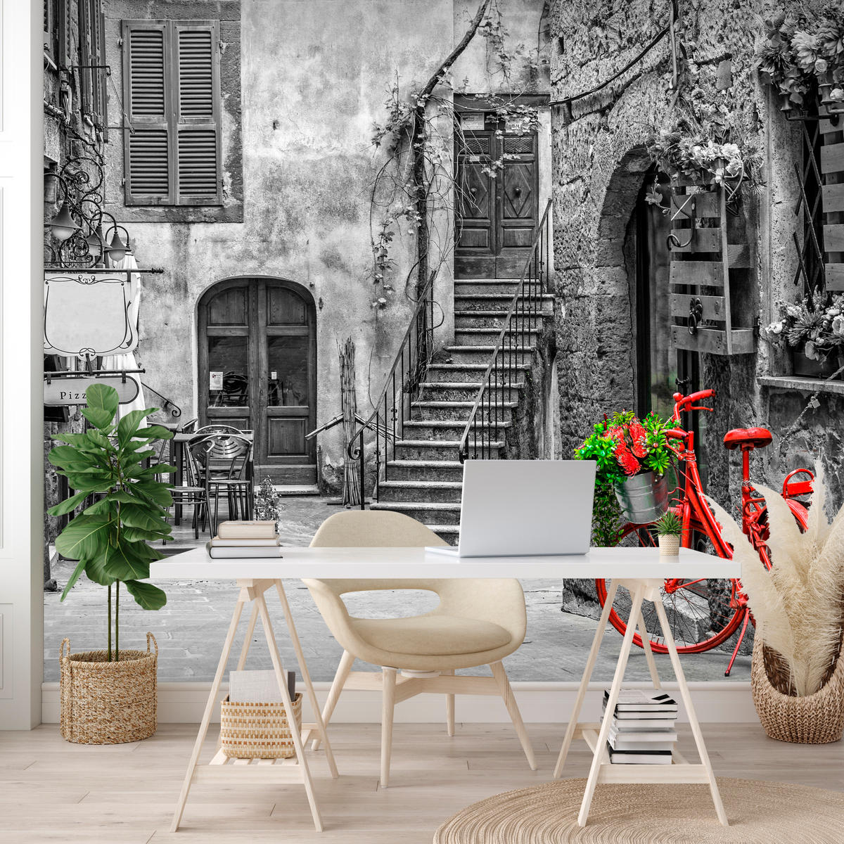 FOTOTAPETE für Wohnzimmer Italienische Gasse Rotes Fahrrad Toskana 150x105 - Rot/Schwarz, Papier (150/105cm) - Muralo