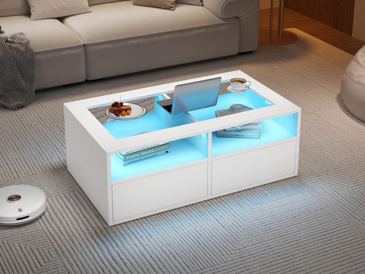 COUCHTISCH 100/50/35 cm Weiß aus Glas und Holzwerkstoff mit LED-Beleuchtung und 2 Schubladen - Weiß, Glas (100/50/35cm) - OKWISH