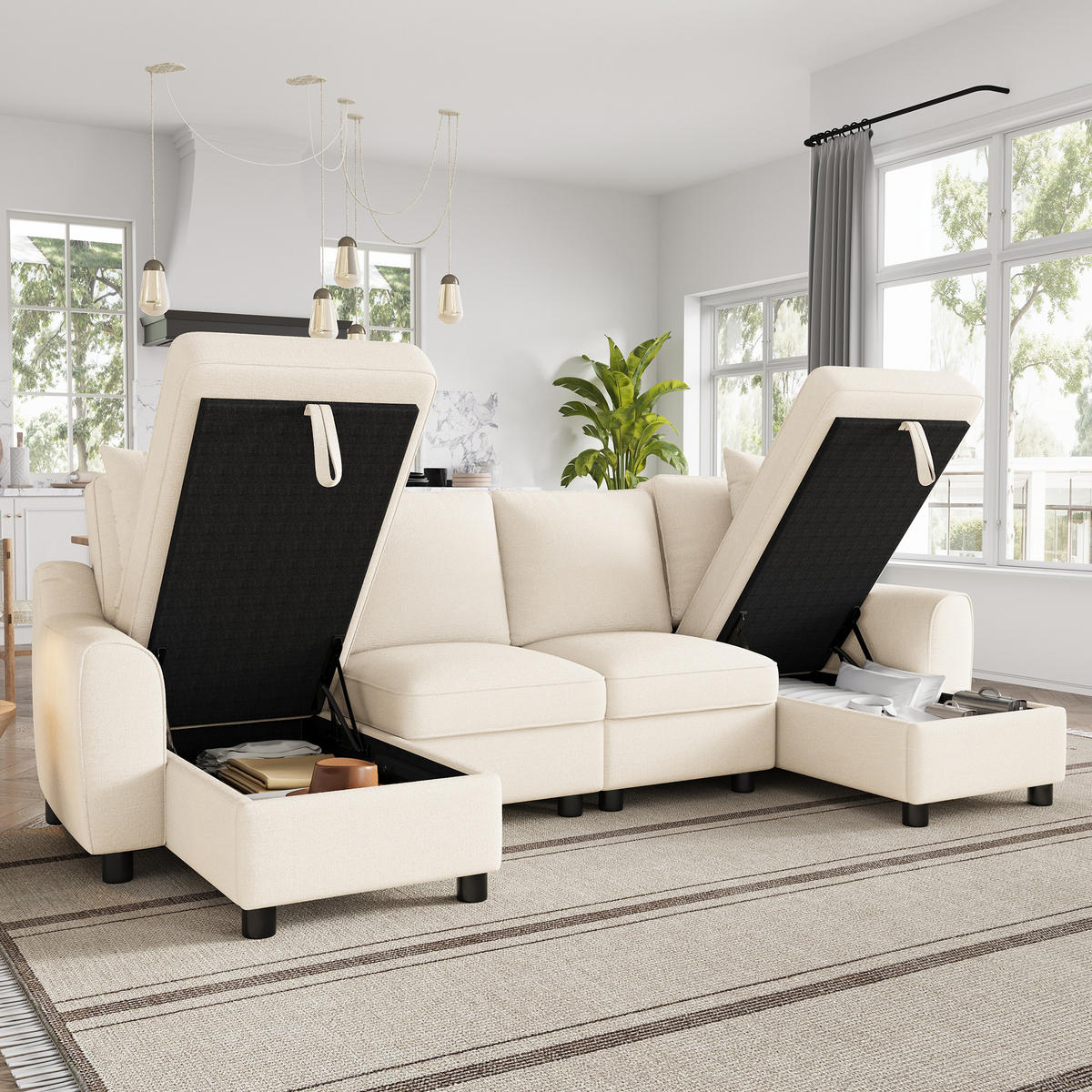 WOHNLANDSCHAFT DE-33415 U-Form mit 2 Chaiselongues und Stauraum Beige - Beige, Metall (280/84/137cm) - ComfortXL