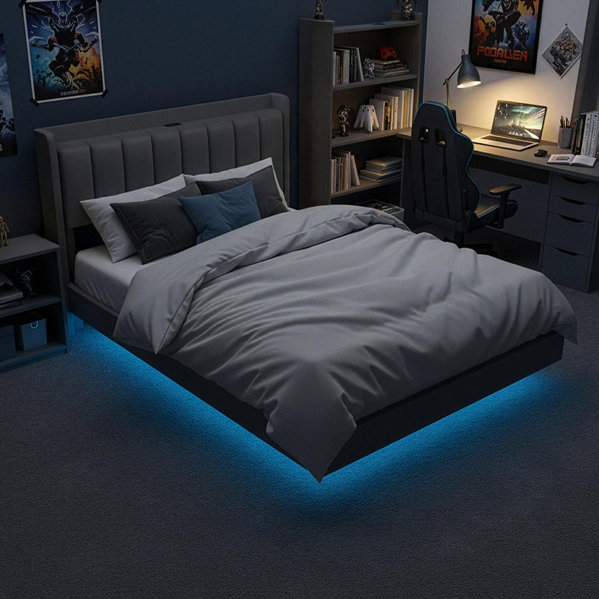 LED BETT MELURA - Dunkelgrau, ohne Matratze - Dunkelgrau, Kunststoff - Home Deluxe