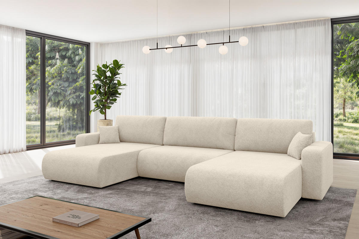 SEDACÍ SOUPRAVA DO U s funkcí spaní a úložným prostorem BERY-U 377x193x88 krémová velur - černá/krémová, kompozitní dřevo/textil (377/88/193cm) - ALTDECOR