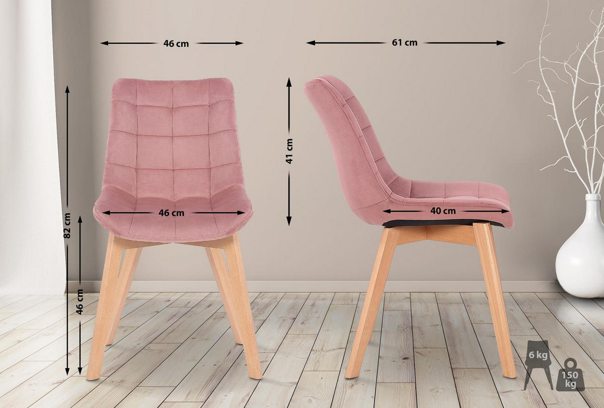 STUHL Samt Pink - Pink/Eukalyptusholzfarben, Holz/Textil (46/82/61cm) - CLP