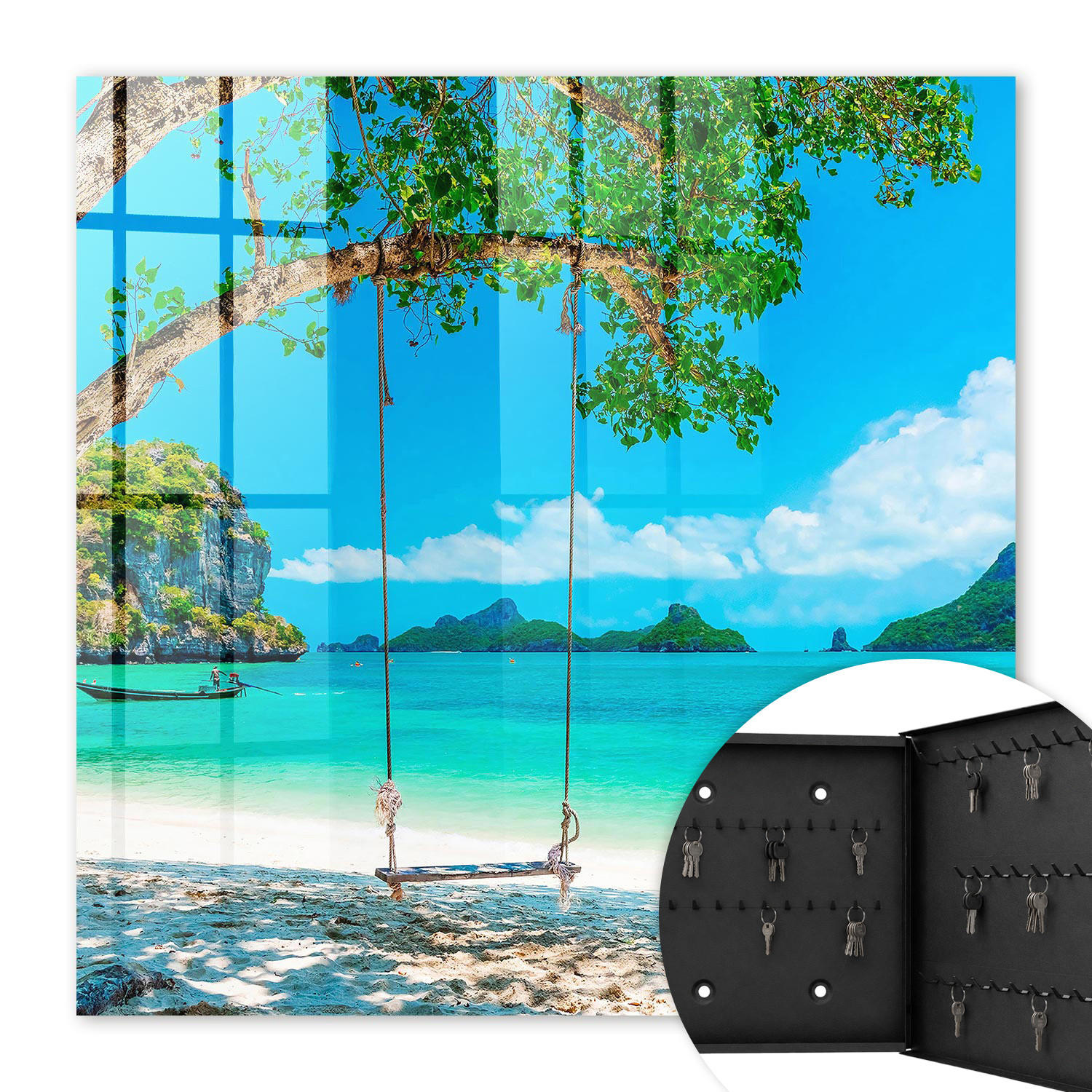 SCHLÜSSELBOX Schwarz 30x30 cm- Türöffnung nach rechts - Tropisches Paradies - Türkis, Metall (30/30/5cm) - TULUP
