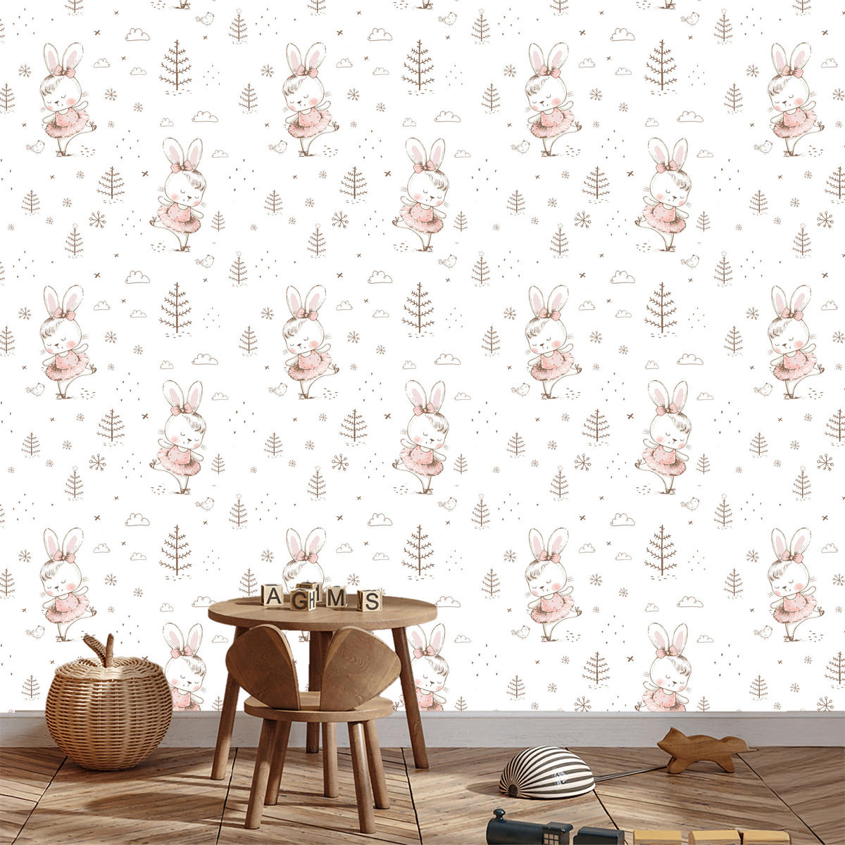 VLIESTAPETE Ballerina-Häschen – Rosa, Grau, Weiß – 50x1000 cm - Rosa/Weiß, Papier (50/1000cm) - Muralo