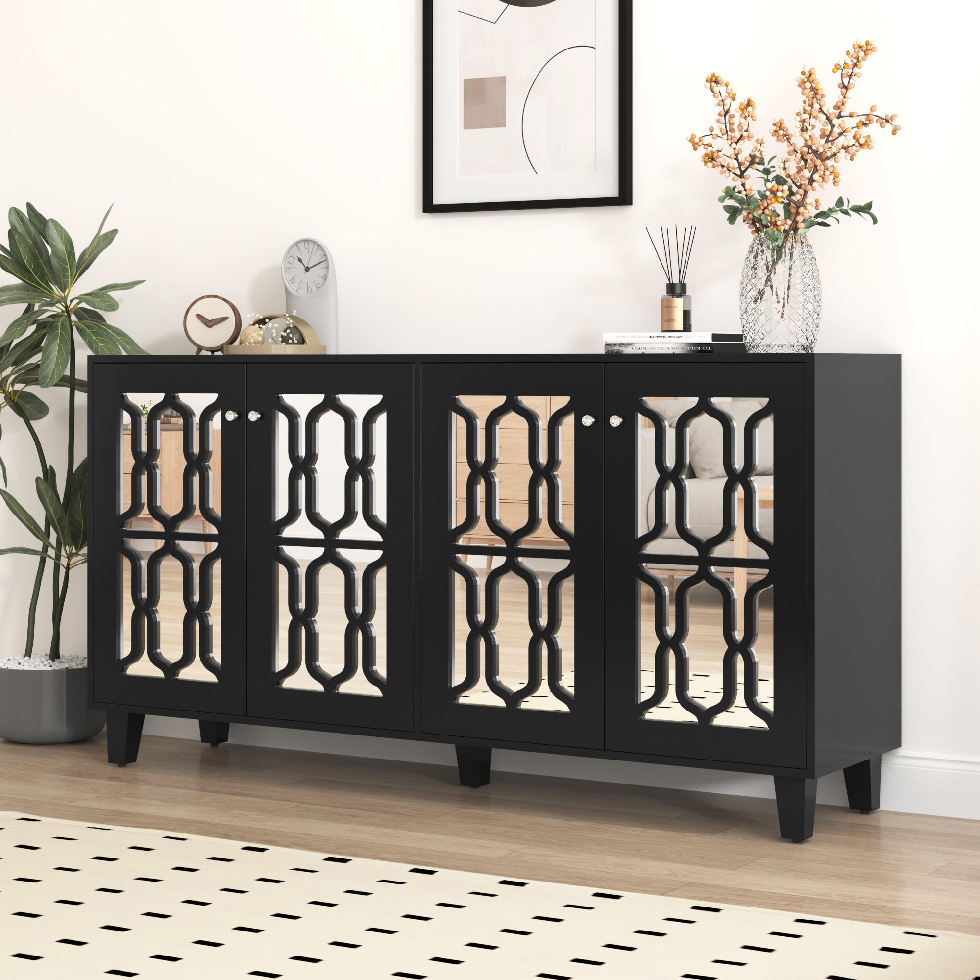 SIDEBOARD 160x40x84 cm Spiegel Kristallgriffe - Schwarz, Holz (160/84/40cm) - LEBENLANG