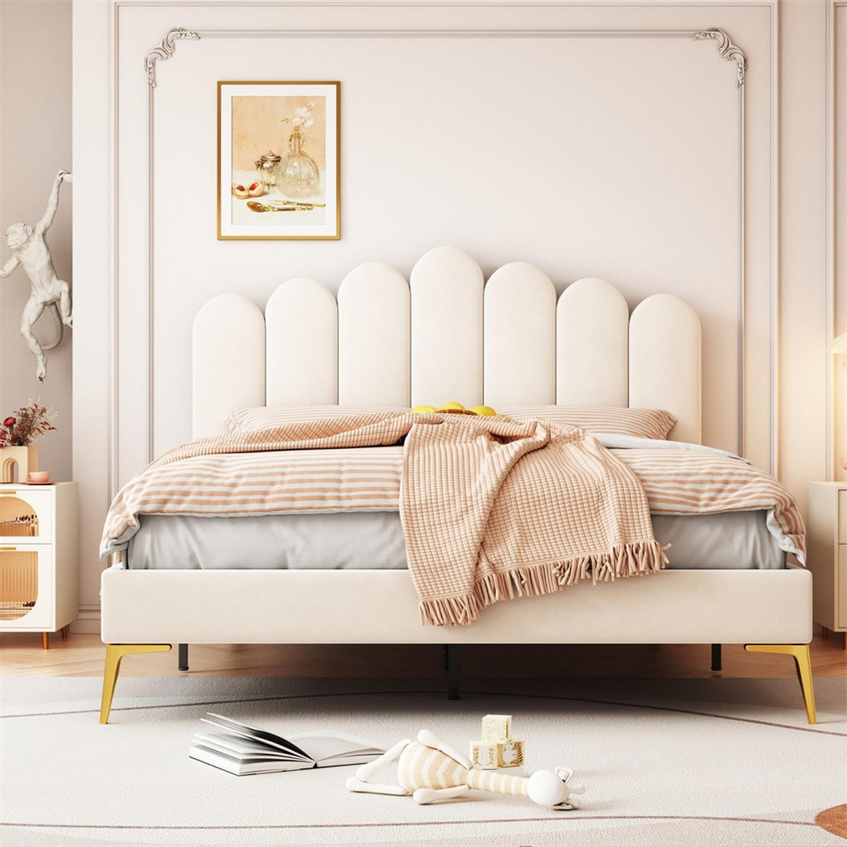 POLSTERBETT 140x200 cm mit höhenverstellbarem Kopfteil - Elegantes geometrisches Design - ohne Matratze - Beige - Beige, Textil (140/200cm) - DELFA