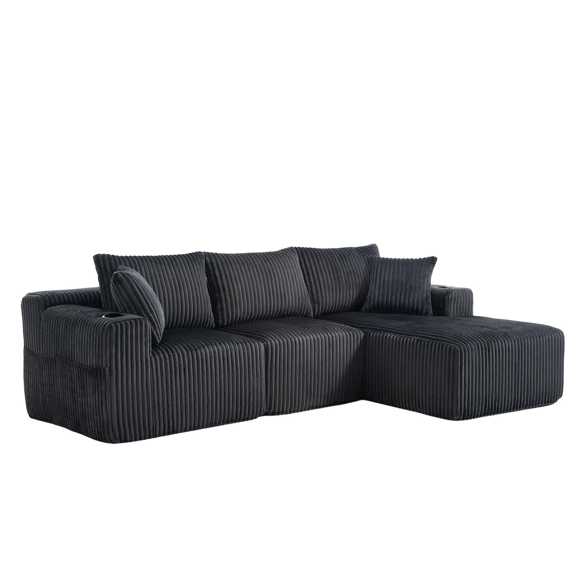 Redom MODULÁRNÍ pohovka 257/90-160/62 cm s lenoškou, 5 polštáři, držáky nápojů a bočními kapsami, manšestr, Šedá
