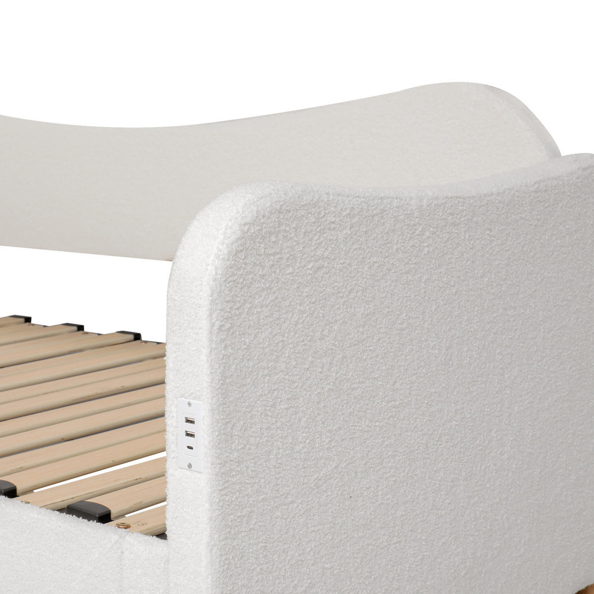 ČALÚNENÁ posteľ z bouclé 90x200 cm béžová, výsuvná na 180x200 cm, s USB a úložným priestorom - béžová, textil (90/200cm) - Modfu