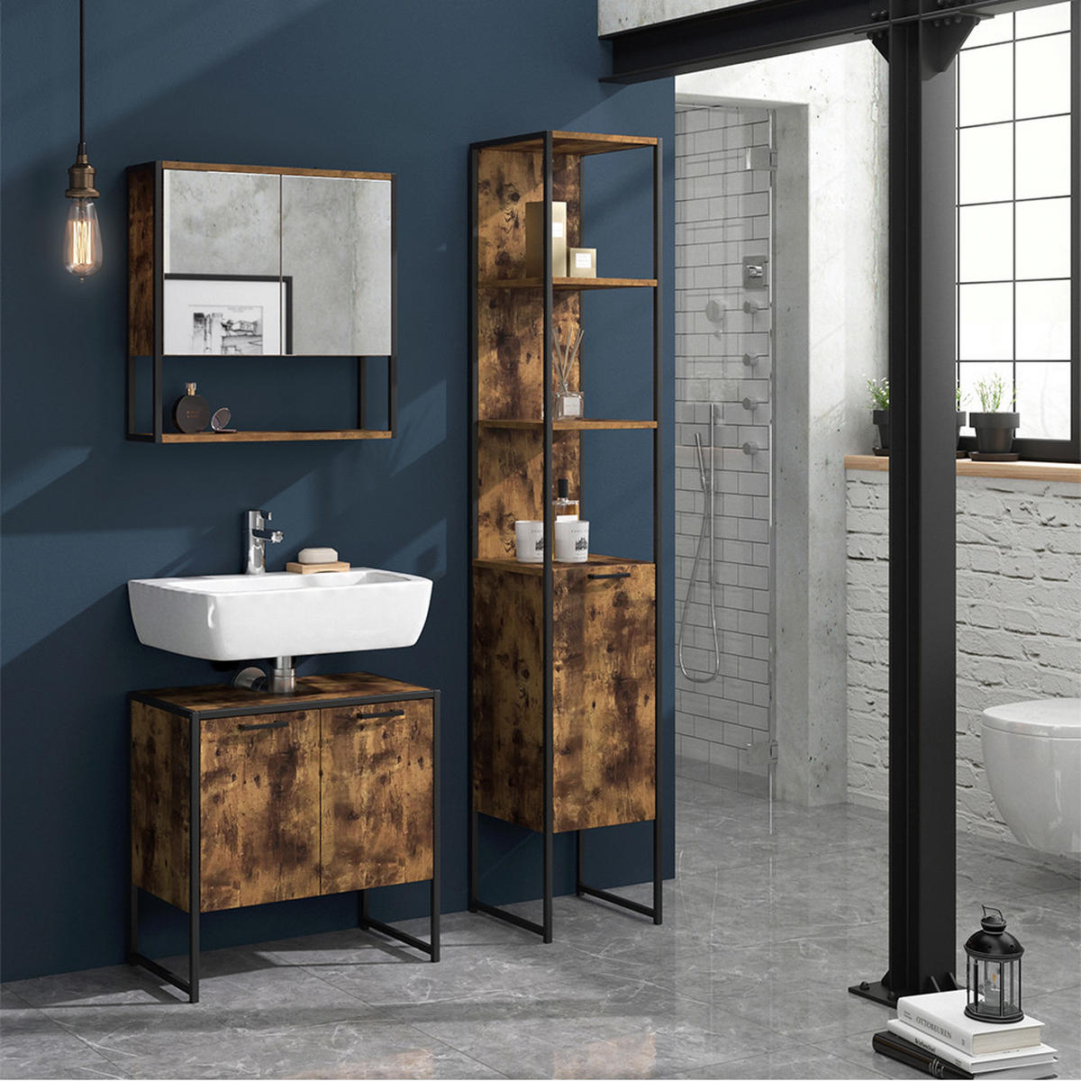 BADMÖBEL-SET Fyrk Antikholz 3 Teile, mit Unterschrank 60 cm - Eichefarben/Schwarz, Holzwerkstoff (60/60/33cm) - Vicco